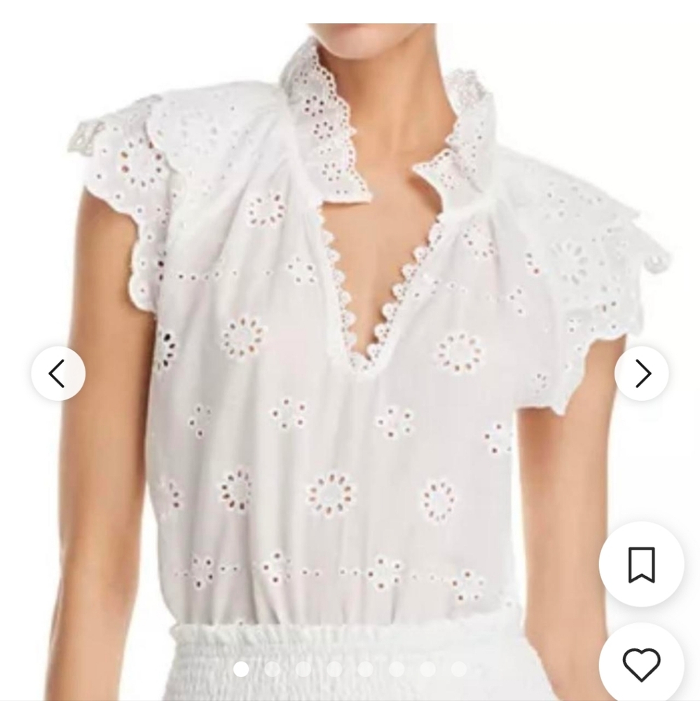 AQUA Ruffle Eyelet Collar Flutter Sleeve White Cotton top